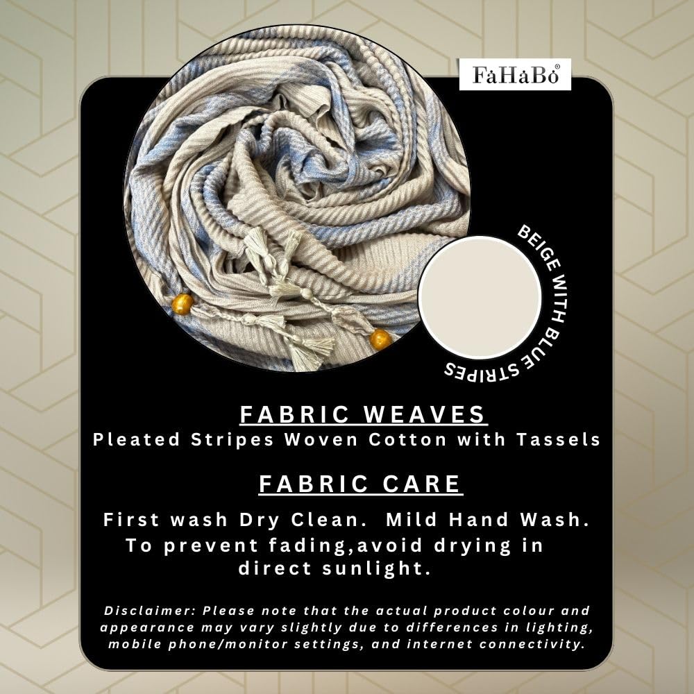 FAHABO Scarf Woman Pleated Stripes Woven Cotton Scarves with Tassels | Hijab Scarf | Headscarf | Neck Scarf | Stoles | Wraps (Beige with Blue Stripes)
