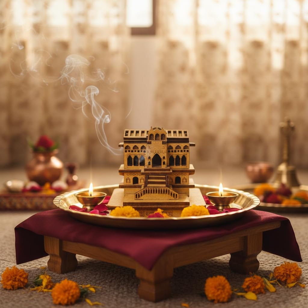 eXme Badrinath Wooden Miniature Temple Statue – Handcrafted Spiritual Mandir Showpiece for Home, Office, Car Dashboard & Gifting | Decorative Idol for Pooja & Festive Decor (W 7.5 x D 7.5 x H 7.5 cm)