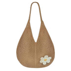 Cybersnc Tote Bag for Women Crochet Mesh Beach Shoulder Bag Knitted Summer Vacation Handbag with Flower Brooch Lightweight Large Capacity Shopping Tote Bag for Travel Casual Daily Use