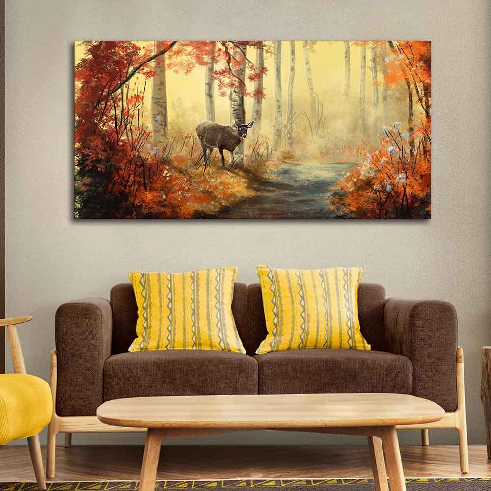 VIBECRAFTS Canvas Paintings for Living Room Drawing Room Beautiful Scenery Deer In Forest Premium Canvas Big Wall Painting Fitted With Wooden Frame for Home | Office | Gift (PTVCH_2337N)