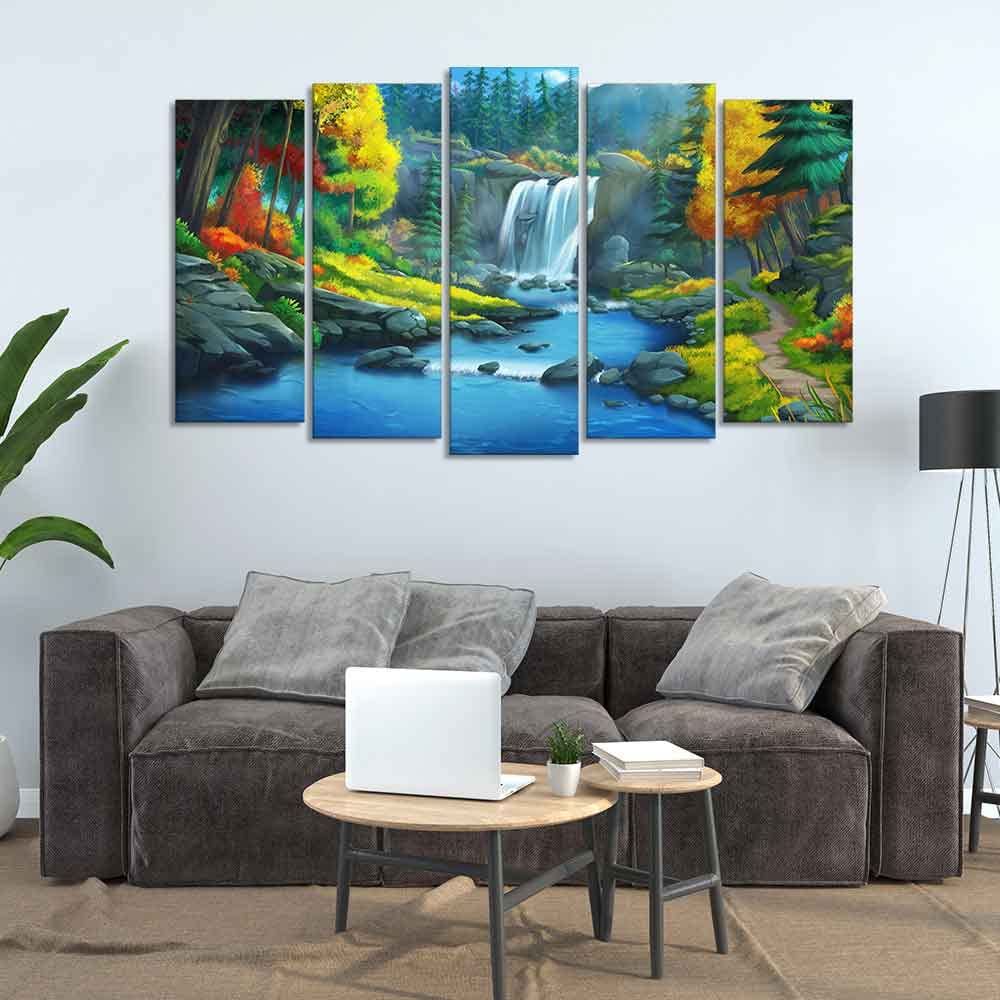 VIBECRAFTS Beautiful Scenery of Waterfall in Forest Canvas Wall Painting Five Pieces For Home|Office|Living Room|Gift (PTVC5Pcs2_6545)
