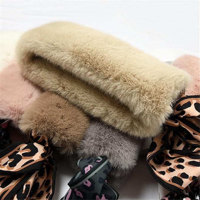THE DDS STORE Winter Women Faux Fur Collar Leopard Print Scarves Plush Wrap Korea Bow Tie Neck Warmer Formal Party Shawl (Coffee)