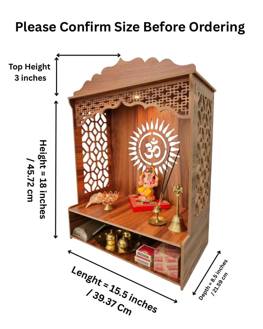Bien Verrerie Wooden Home Temple/Mandir for Pooja, Built-in Light, Decorative Jali Work, Including Top 21 inches Tall Temple for Home, Office and Shop