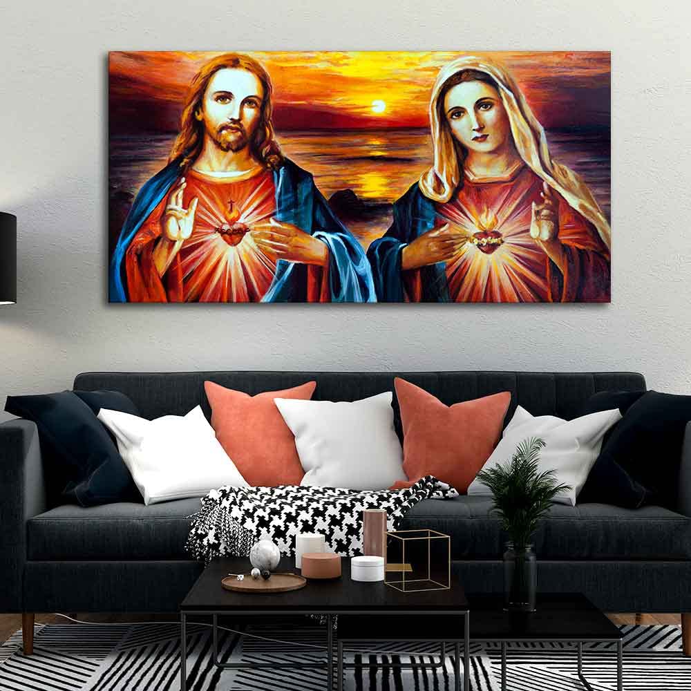 VIBECRAFTS Canvas Paintings for Living Room Drawing Room Jesus Christ And Mary Canvas Wall Painting Fitted With Wooden Frame For Home | Office | Living Room | Gifts (PTVCH_2550)(48 x 24 Inches)