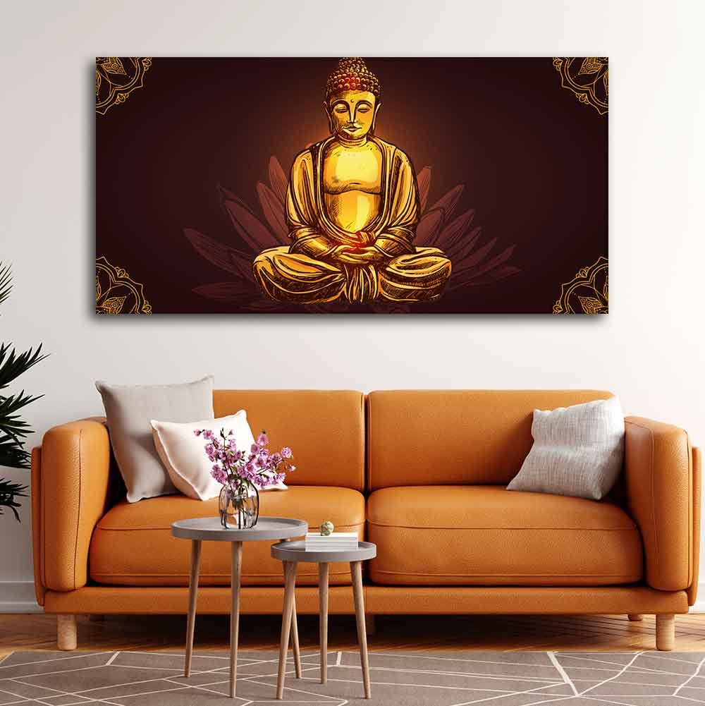 VIBECRAFTS Canvas Paintings for Living Room Drawing Room Devotional Buddha Meditating Canvas Wall Painting Fitted With Wooden Frame for Home | Office | Gift (PTVCH_2428)