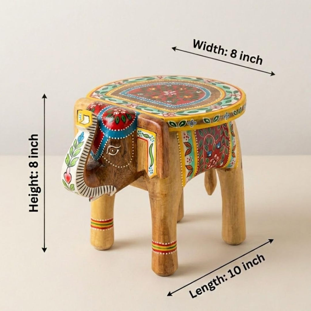 ATRANGI STUDIO Natural Colourful Handpainted Wooden Elephant Stool Cum Showpiece | Mango Wood Traditional Multipurpose Stool for Living Room Decor & Mandir | Perfect for Plant Stand | 8x8x10 inch