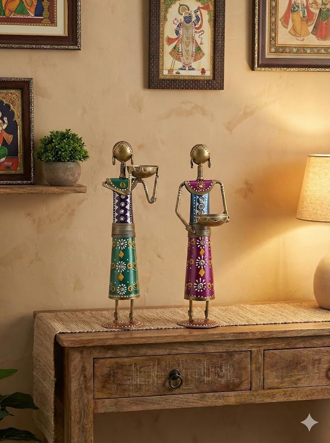 ZXC Rajasthani Lady Metal Tea Light Candle Holder Set of 2 | Handmade Traditional Indian Woman Figurine Diya Stand | Ethnic Iron Home Decor Showpiece for & Festive Decoration for Best Gifting