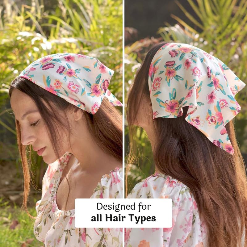 Hair Drama Co. Bloom Floral Print Elastic Bandana Head Scarf for Women | Silk Satin Head Wrap Bandana Scarves | Boho Style Statement Headband Scarves | All Day Wear Hair Scarf Accessories