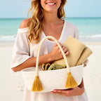 AN Enterprises Woven Rope Tote Basket Bag with Tassel Handles – Large Cotton Rope Storage Basket for Home, Beach, Market, Nursery – Decorative Handbag for Women (Golden Handle)