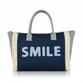ENSAC Tote SMILE Women’s Canvas Tote Bag Navy Blue Handbag with Fringe Sides, Casual Shoulder Bag for Office, Shopping & College