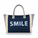 ENSAC Tote SMILE Women’s Canvas Tote Bag Navy Blue Handbag with Fringe Sides, Casual Shoulder Bag for Office, Shopping & College