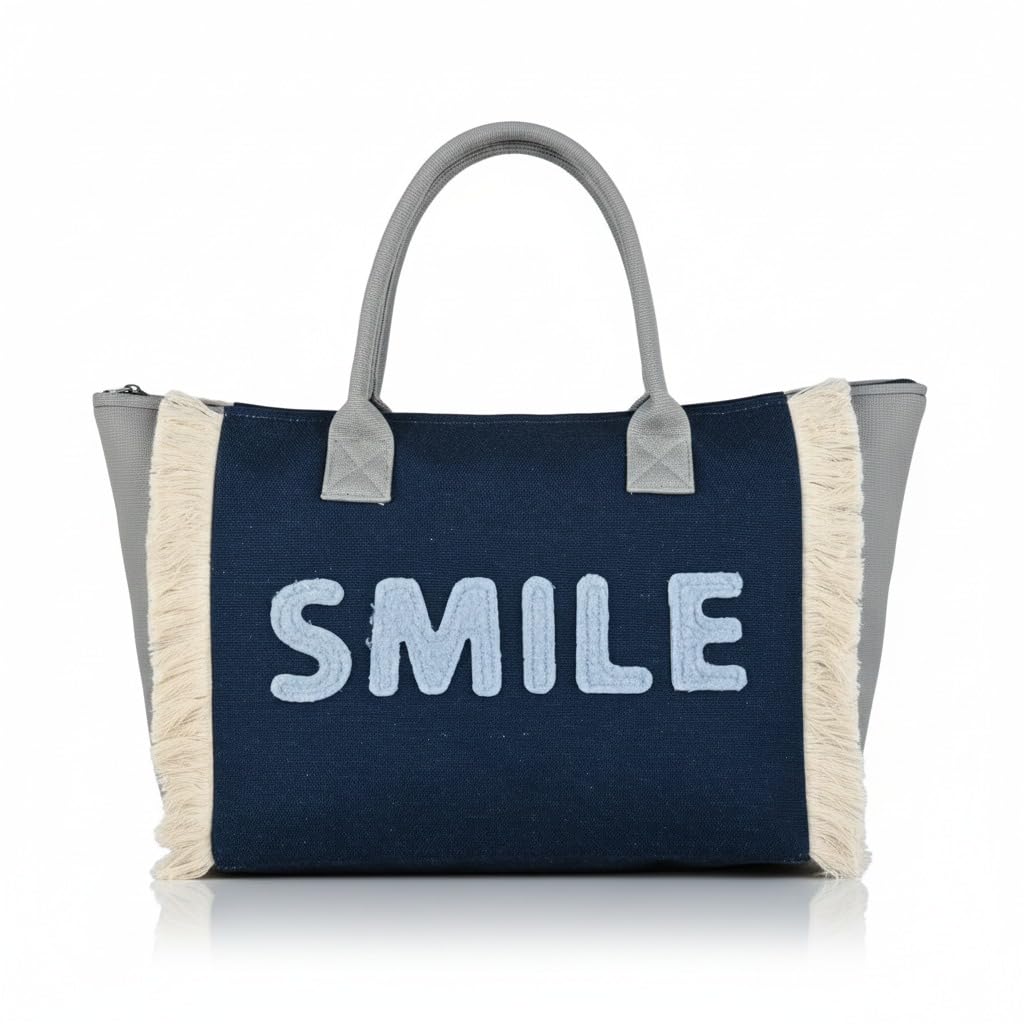 ENSAC Tote SMILE Women’s Canvas Tote Bag Navy Blue Handbag with Fringe Sides, Casual Shoulder Bag for Office, Shopping & College