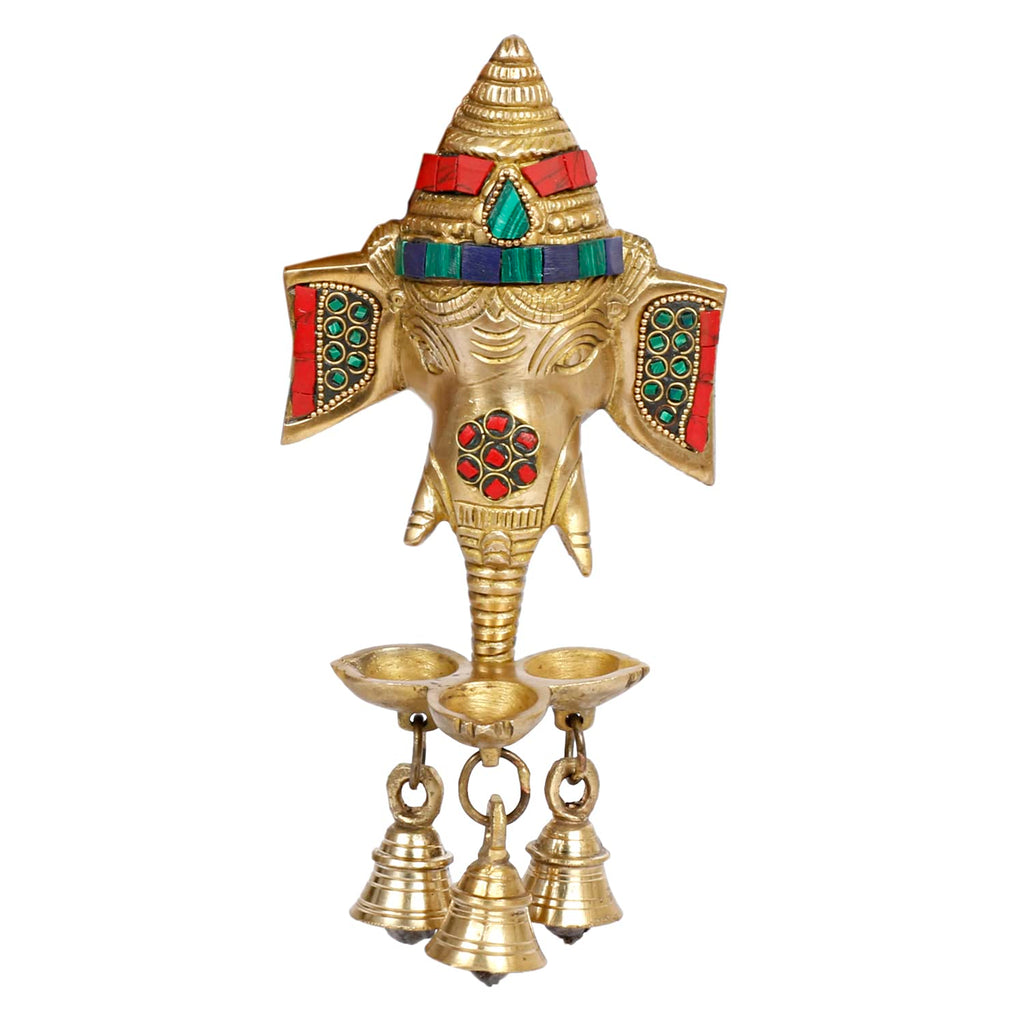 Svarup Brass Ganesha Wall Hanging with Bells and Diya Lamp Religious Diwali Puja Item Pooja Room, Office, Home, Decorative Showpiece 22 Cm.