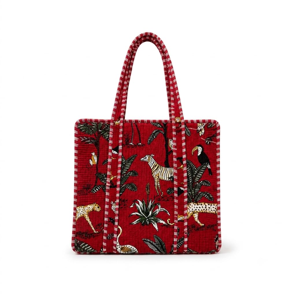 ArbaanHouse Quilted Cotton Tote Bag for Women, Large 18 x 18 Inch Shopping Bag, Wildlife Print, Reusable Shoulder Bag