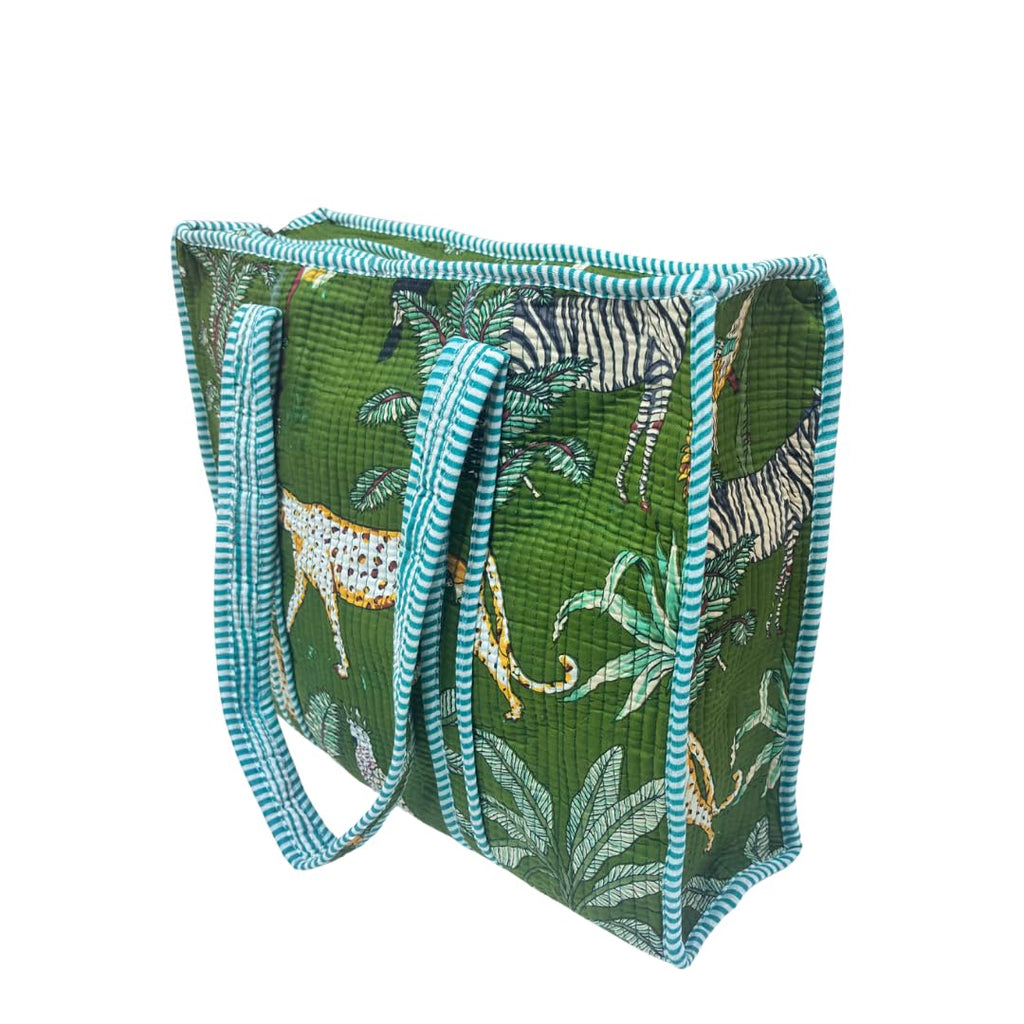 The House of RajPadmini Floral Quilted Cotton Shopping Tote Bag, 16x16 inches, Striped Trim, External Bottle Pocket (Animal Print Green)