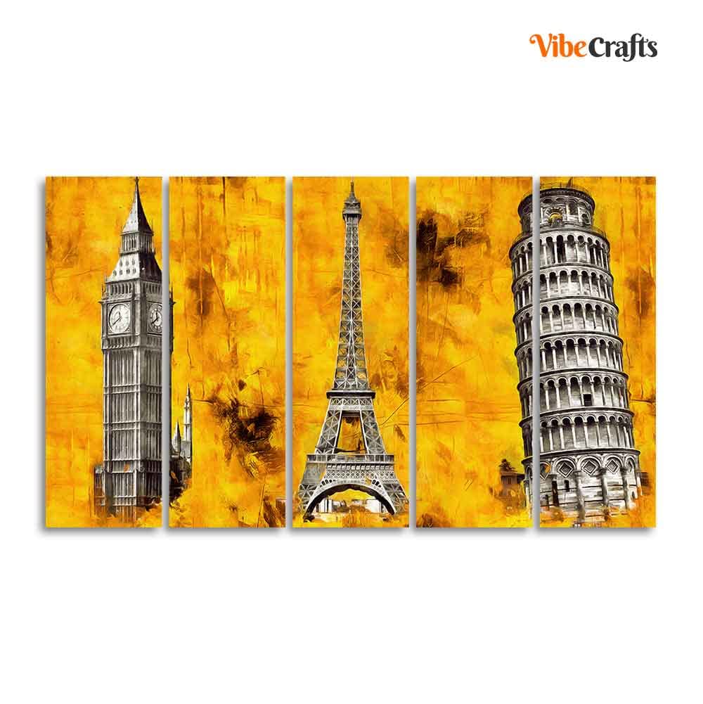 VIBECRAFTS Beautiful Monuments Premium Wall Painting Set of Five For Home|Office|Living Room|Gift (PTVC5Pcs4_8701)