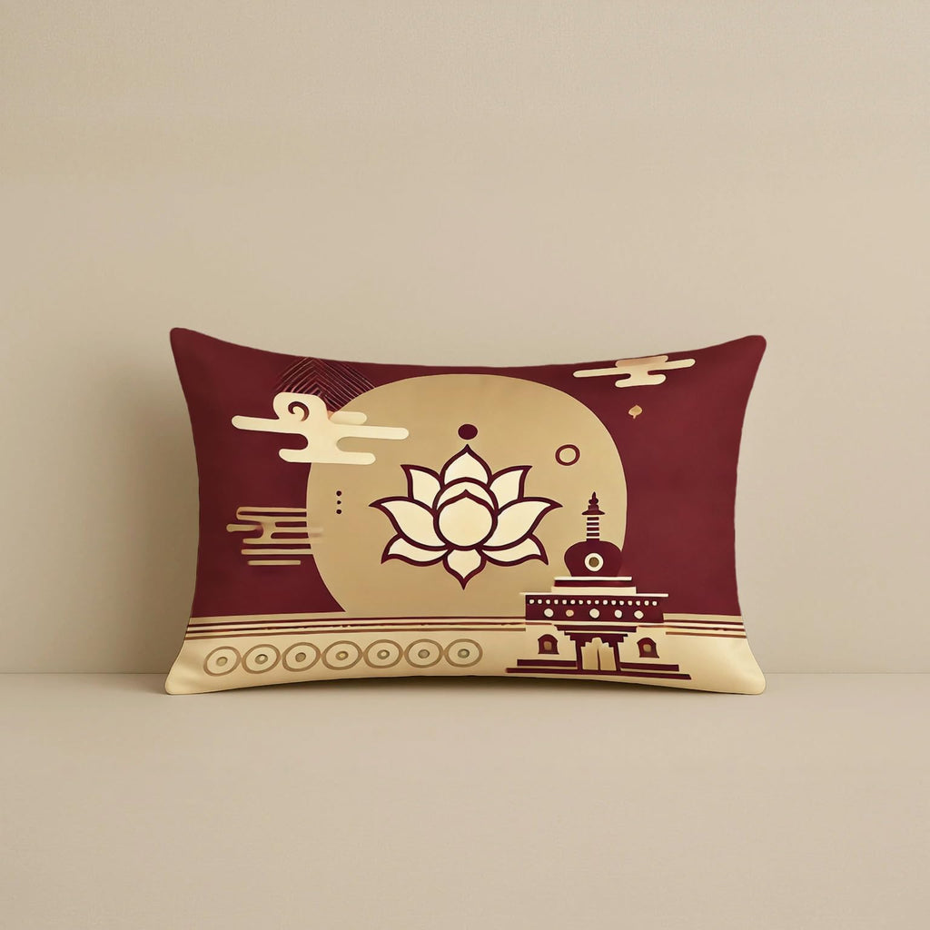 STITCHNEST Satin Cushion Covers Pack of 2 Oriental Flamingo & Lotus Print in Maroon and Gold, 12x18 Inch Decorative Cushion Set for Spiritual and Artistic Living Room Decor