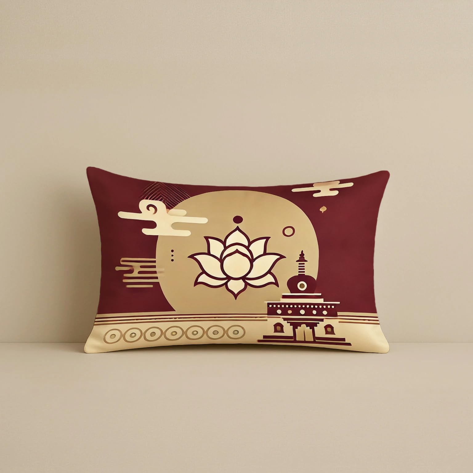 STITCHNEST Satin Cushion Covers Pack of 2 Oriental Flamingo & Lotus Print in Maroon and Gold, 12x18 Inch Decorative Cushion Set for Spiritual and Artistic Living Room Decor