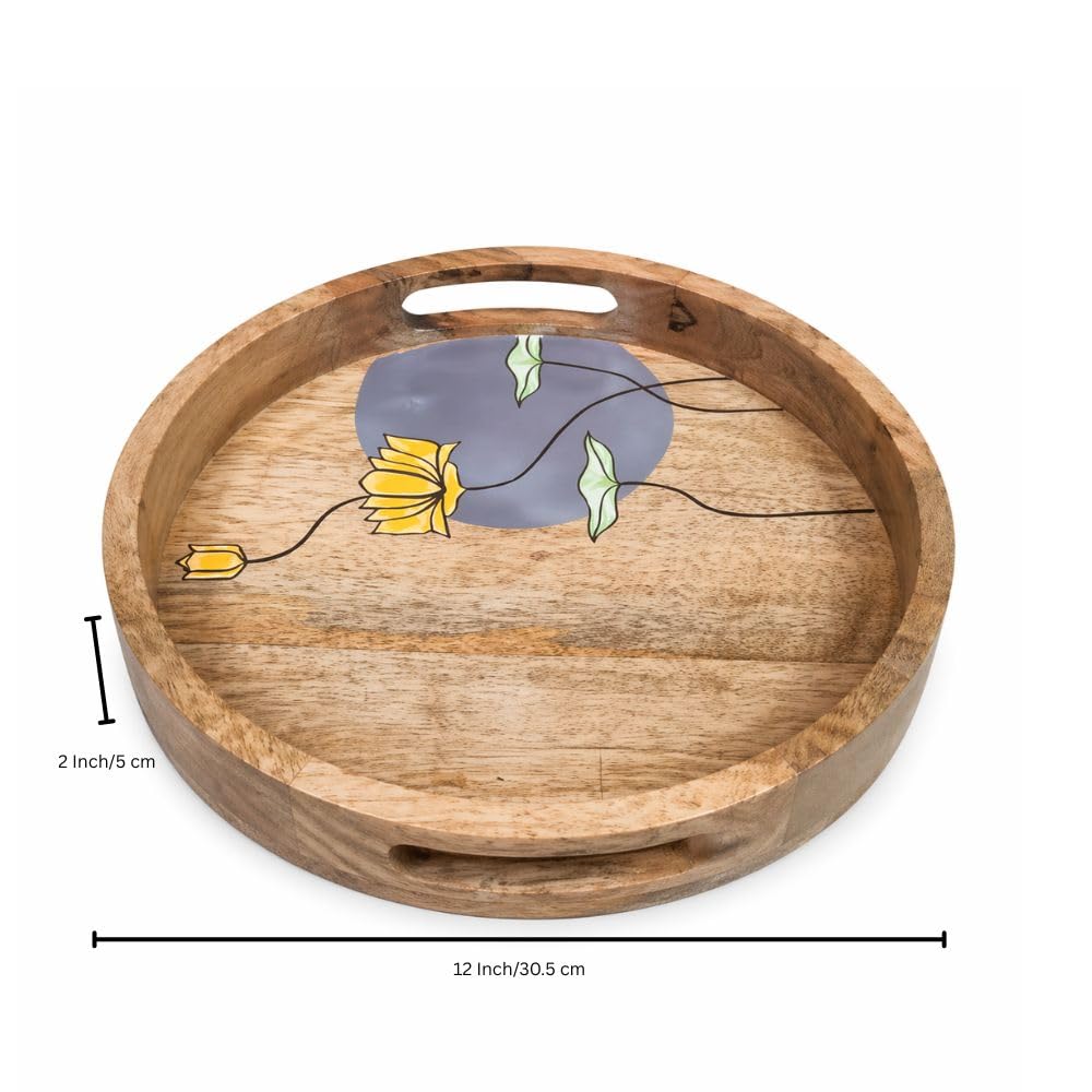 Artysta 'Floating Lotus' Handpainted Wooden Serving Tray for Breakfast | Round Multipurpose Tray with Handles | Decorative Wooden Tray for Kitchen, Fancy Tea Tray for Serving (12 Inch)
