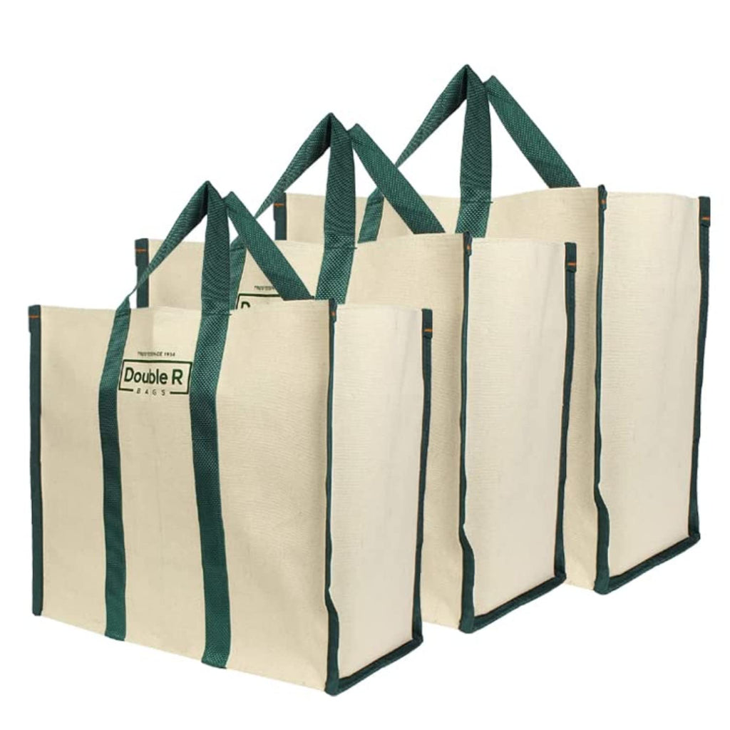 DOUBLE R BAGS Big Eco Cotton Canvas Shopping Bags For Carry Milk Grocery Fruits Vegetable With Reinforced Handles Jhola Bag (Pack of 3, Green)