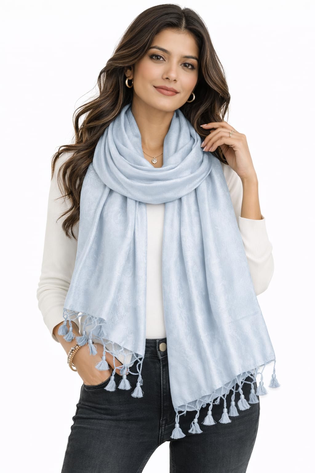 ZEN APPAREL Soft Viscose Fabric Jacquard Scarf, Stole, Shawl (White)