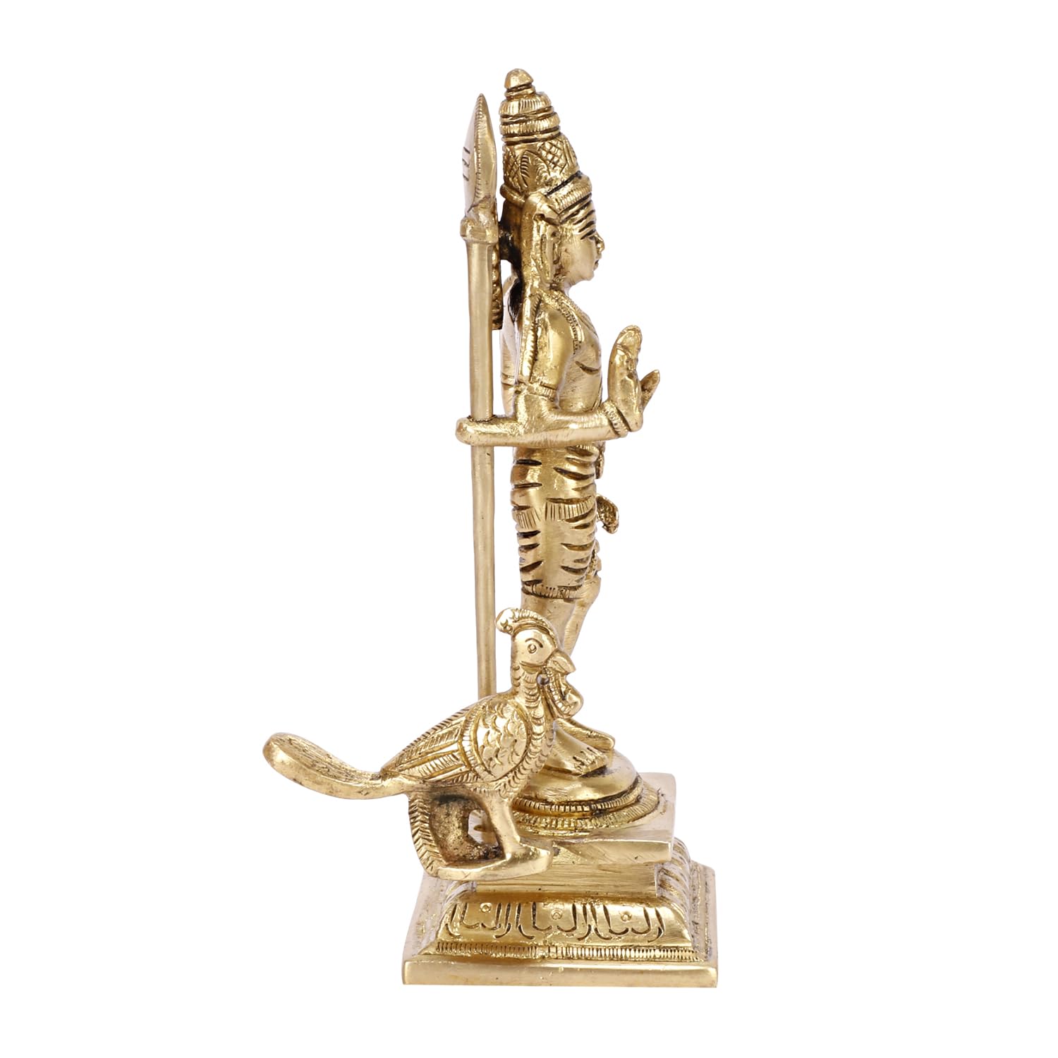 ARTVARKO Brass Lord Murugan Kartikeya Murugana Kumaraswamy Karthikeya with Peacock Idol Swaminatha Skanda Murti Swami Ji murti 7 Inch Gold Color