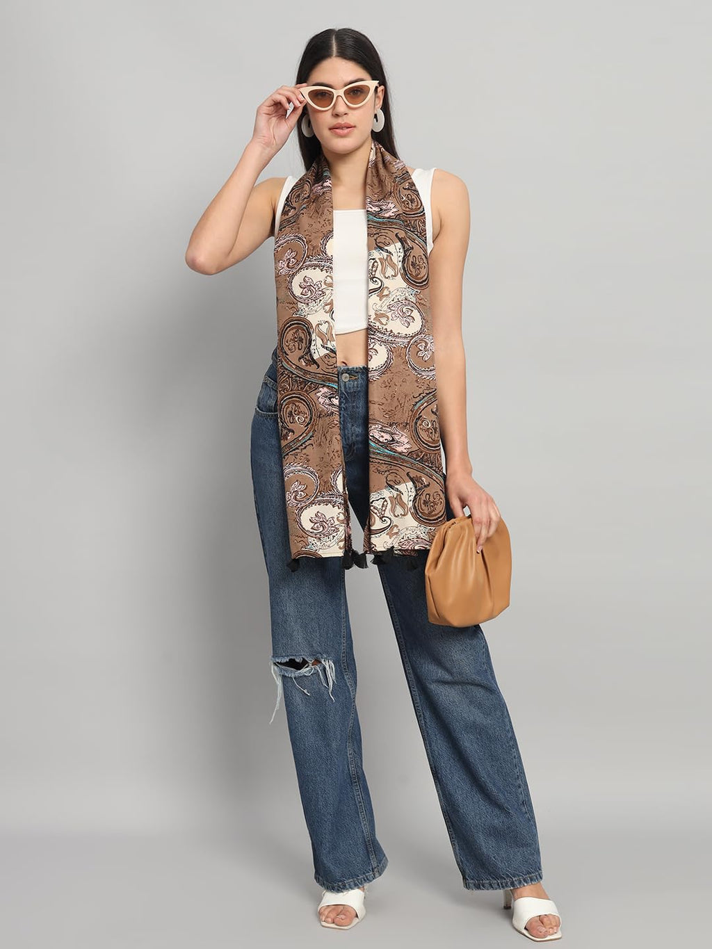 Ravaiyaa - Attitude is everything Women Brown & Cream Hand Block Floral Printed Cotton Tasseled Scarf 71 X 21 Inch