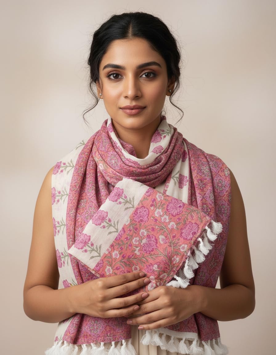 Women's Cotton Scarf, Pink Floral Print, Lightweight with Fringe Detail