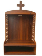 Beautiful Handcrafted Christian Wall Prayer Temple in Premium Wood with Cross Icon, LED Light, Carved Panels Shelf for Bible Candles Statues, Home Church Decor Use, Brown