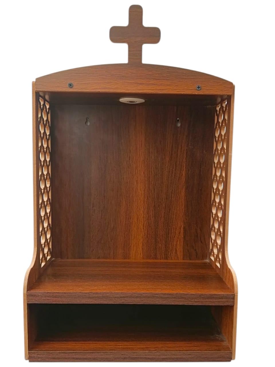 Beautiful Handcrafted Christian Wall Prayer Temple in Premium Wood with Cross Icon, LED Light, Carved Panels Shelf for Bible Candles Statues, Home Church Decor Use, Brown