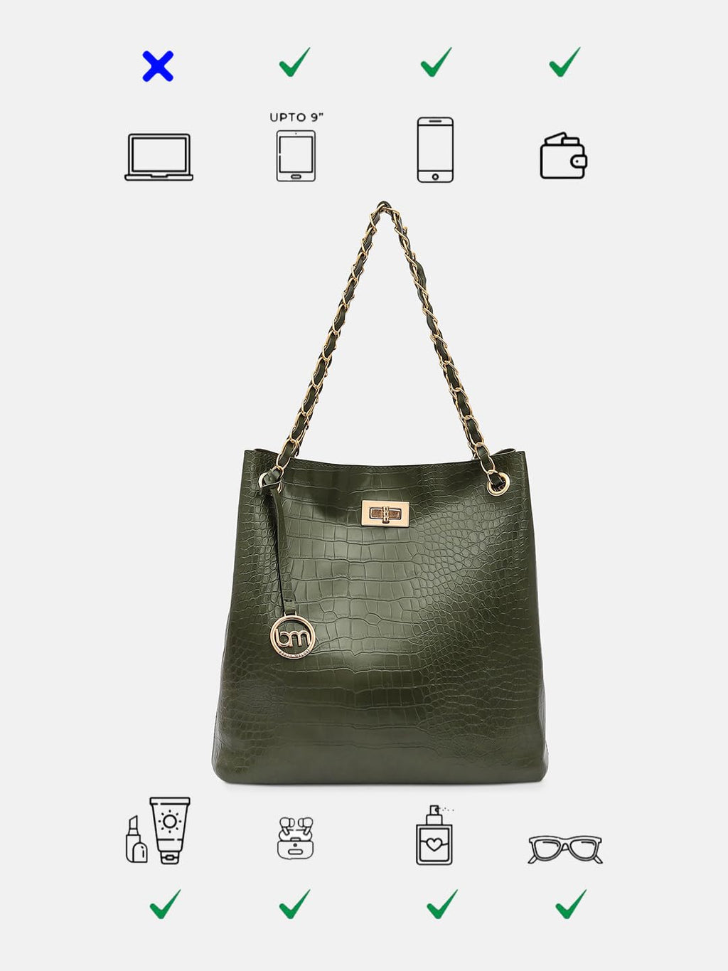 Bagsy Malone Bucket Shaped Tote Bag for Women -Set of 2 | Handcrafted Side Tote Bag and Handbag for Office and College (Croco Olive)