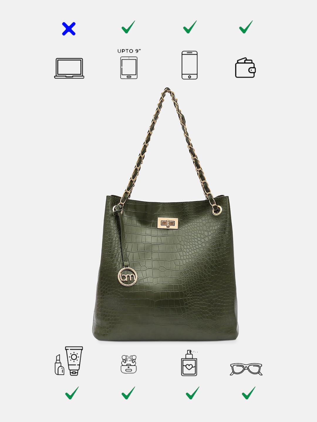 Bagsy Malone Bucket Shaped Tote Bag for Women -Set of 2 | Handcrafted Side Tote Bag and Handbag for Office and College (Croco Olive)