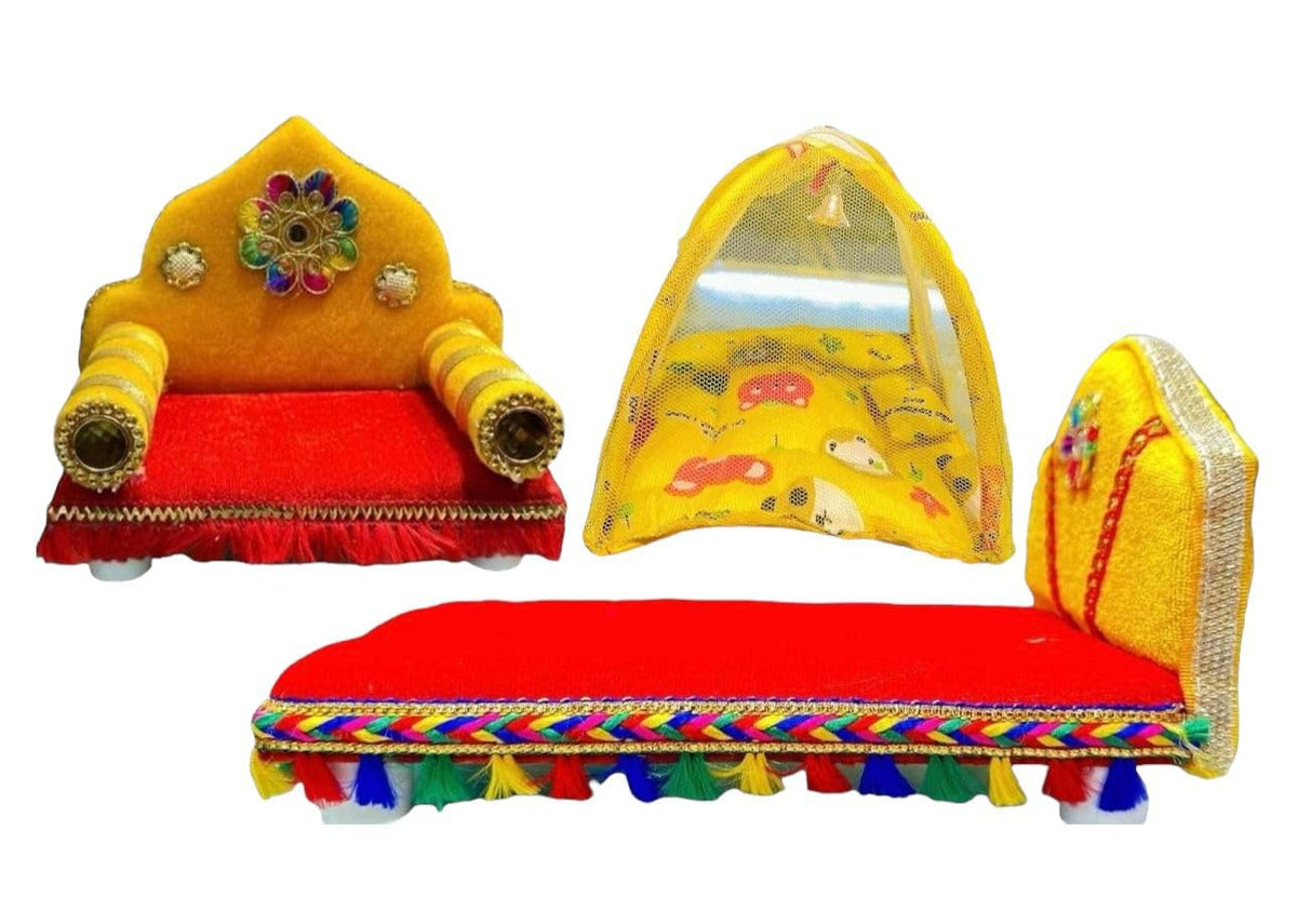 Combo Set of Kanha ji Singhasan, Bed and Machardani (Size -0,1,2) This All Product for kanha ji, laddu Gopal,Thakur ji and Quality of a Product is Very Soft and Premium