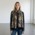STOLE STUDIO Embellished Leaf Luxurious Viscose Stole Scarf (Black/Beige)