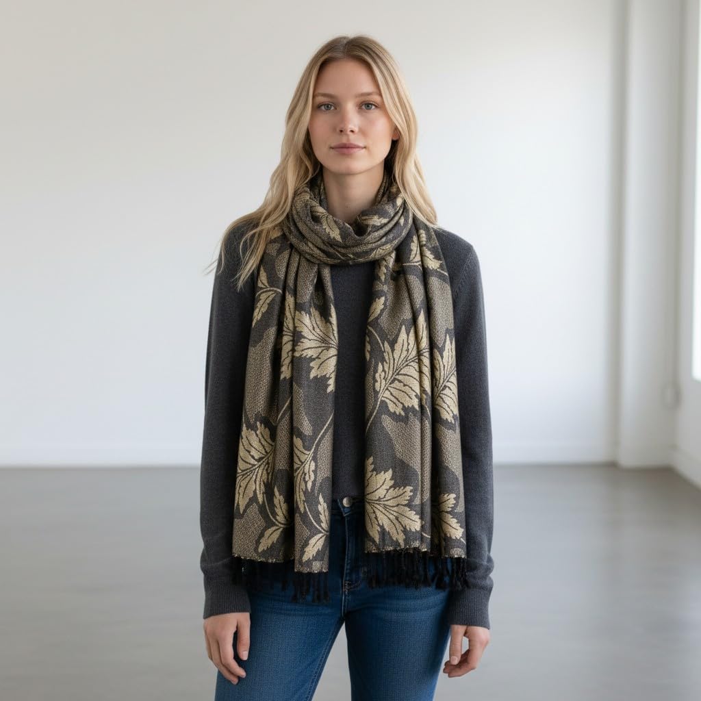STOLE STUDIO Embellished Leaf Luxurious Viscose Stole Scarf (Black/Beige)