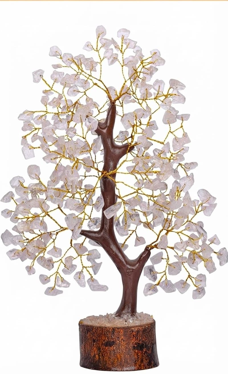 ORVIKA Natural Crystal Tree for Home Decor | Handmade Gemstone Bonsai Tree with Wooden Base | Feng Shui & Vastu Positive Energy Crystal Tree (White, 300 Beads Tree)