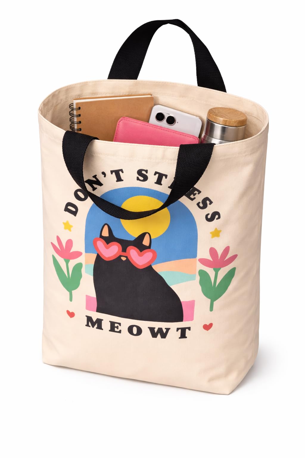 THE SACK CO. Large Canvas Tote Bag for Women, Tote Handbags for Women with Zipper & for College, Shopping, Office (tsc-Don't Stress Meowt)