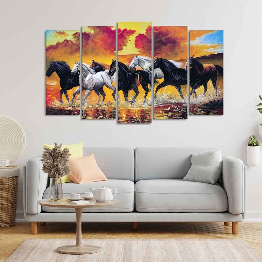 VIBECRAFTS Running Seven Horses Wall Painting of Five Pieces For Home|Office|Living Room|Gift (PTVC5Pcs2_6538)