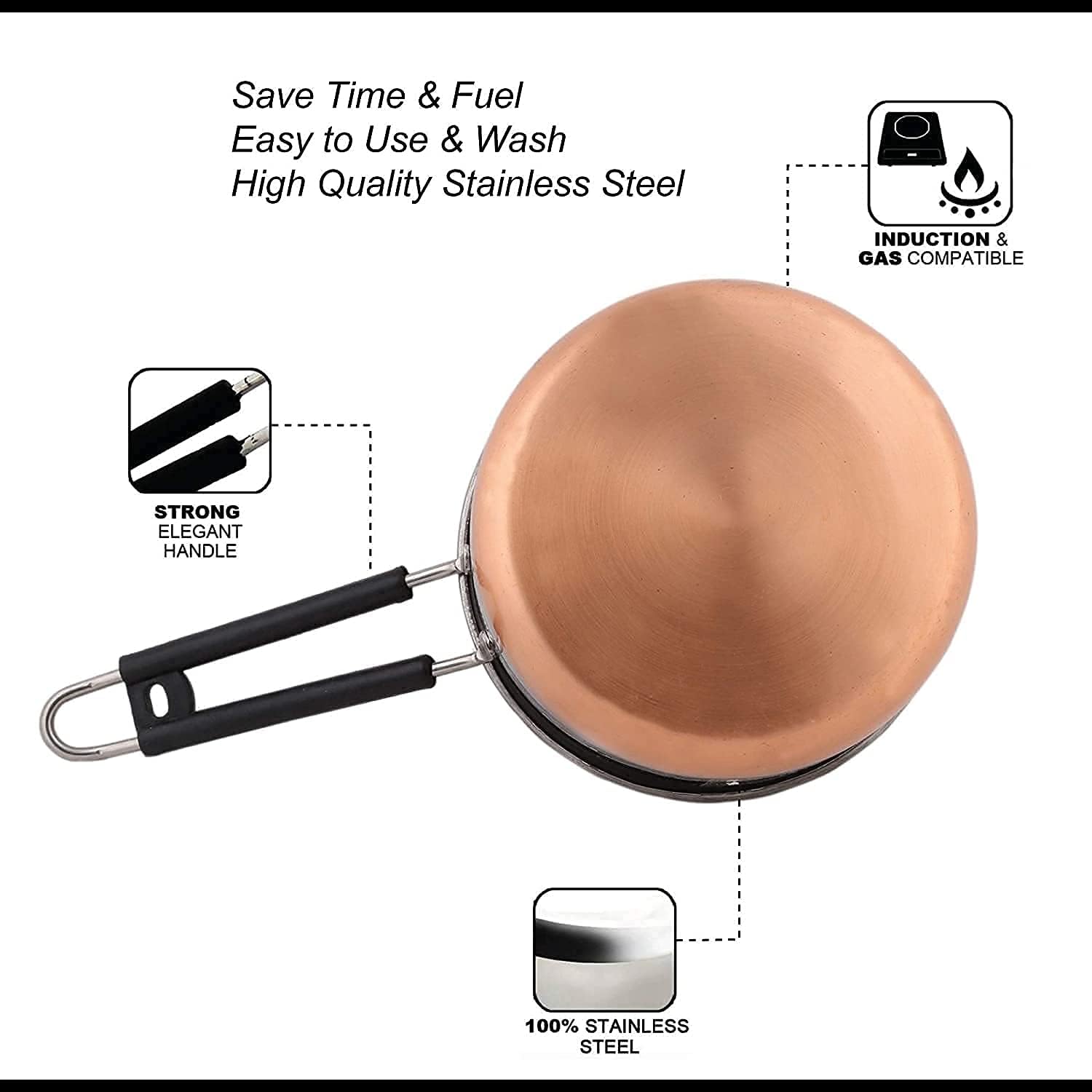 Padchaaya Copper Bottom Sauce Pan Tea Maker Milk Coffee pan bhgoni Stainless Steel Sauce Pan with Handle, Flat Base, Tea Pan, Milk Pan Tapeli Patila, Pot (Copper- 1.5 L)