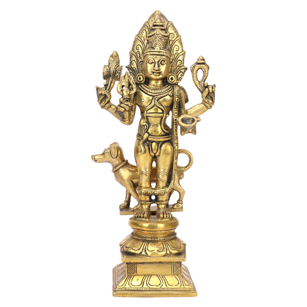 ARTVARKO Brass Bhairo Baba Murti Idol Sculpture Kaal Bhairav with Dog Mahakaal Figurine for Home Puja Temple Golden 11.5 Inch Gold