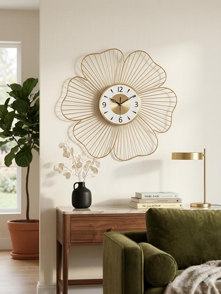 Mahira Artefacts Luxury Gold Metal Flower Wall Clock, Floral Wire Art Design, Silent Non-Ticking, for Living Room and Bedroom