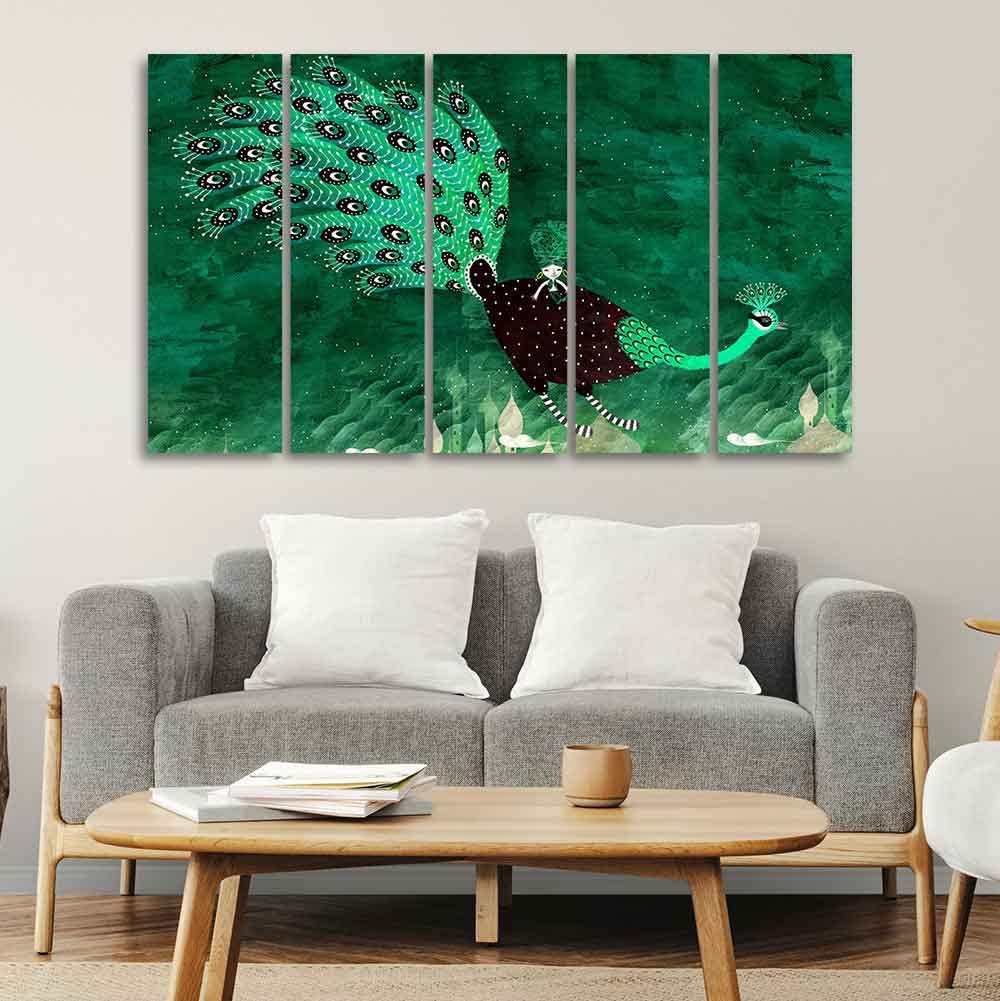 VIBECRAFTS Abstract Art Peacock Canvas Wall Painting of 5 Pieces For Home|Office|Living Room|Gift (PTVC5Pcs4_8611)