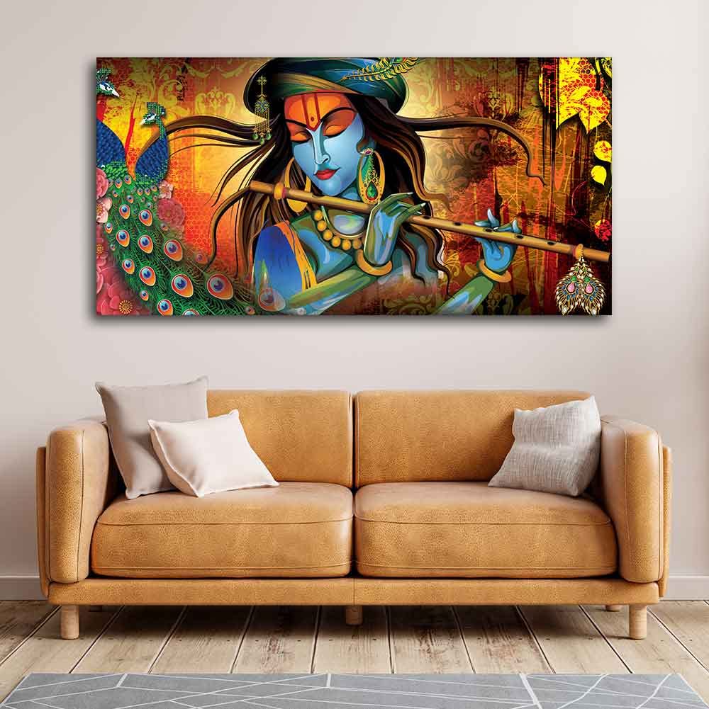 VIBECRAFTS Canvas Paintings for Living Room Drawing Room Classic Krishna Premium Wall Painting Fitted with Wooden Frame for Home|Office|Gift(PTVCH_2245N)