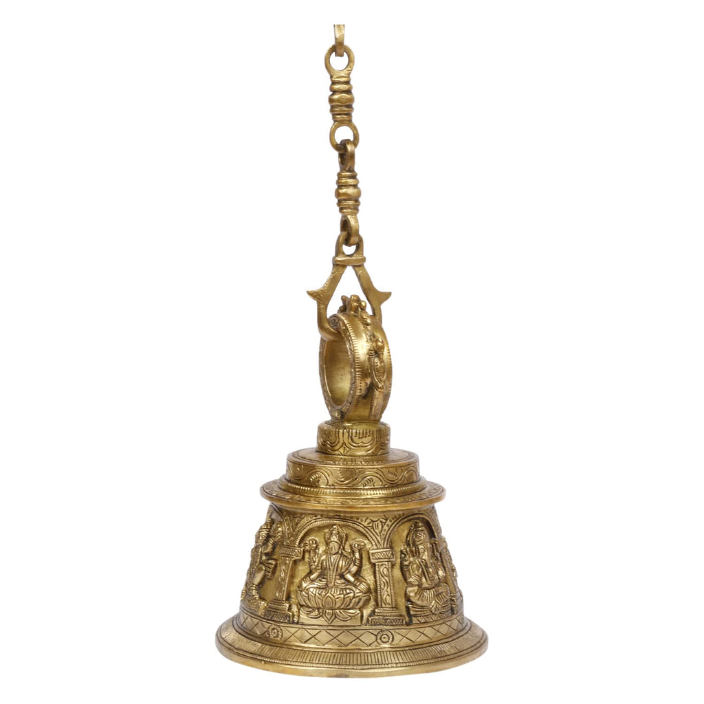 Artvarko Brass Big Temple Bell with Chain Radha Krishna, Shiva, Maa Durga, Hanuman, Lakshmi & Ganesha Engraved for Pooja Puja Room Mandir Ghanta Home Entrance Décor