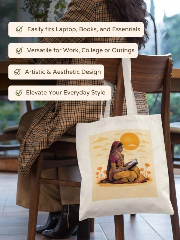 Kalaa Lifestyle Canvas Tote Bag for Women | Premium Cotton Shopping Bag | Eco-Friendly Shoulder Tote for Office, College, Travel & Daily Use and Gifting (Book Reader)