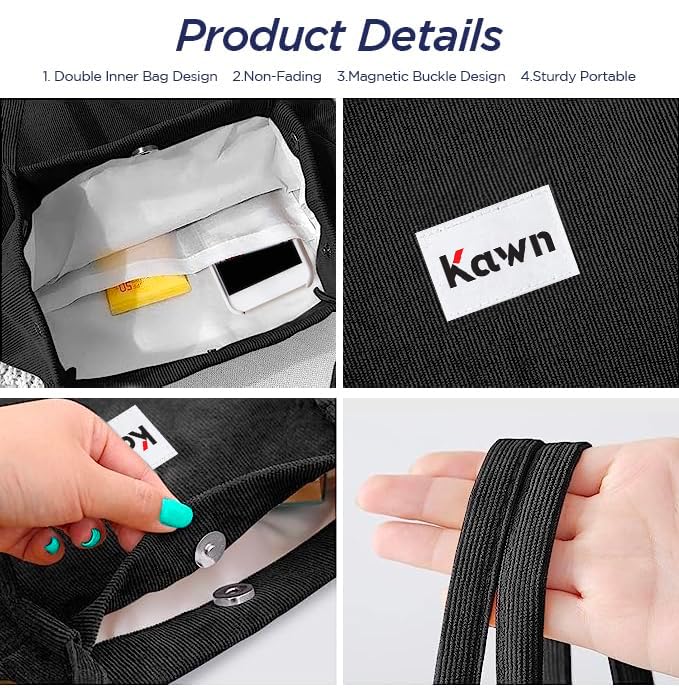 Kawn Women Corduroy Western Tote Bag Canvas Shoulder Cord Purse Reusable Shopping Bag Grocery Bag Large Capacity Washable Handbag Girls Shoulder Bag With Inner Pocket For Daily Use Work Travel (Black)