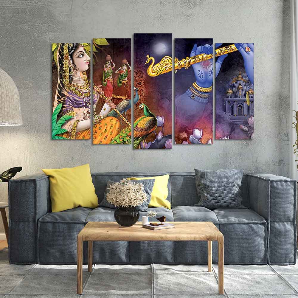 VIBECRAFTS Five Pieces Wall Painting Set of Radha Krishna Warli Art For Home|Office|Living Room|Gift (PTVC5Pcs2_6609)