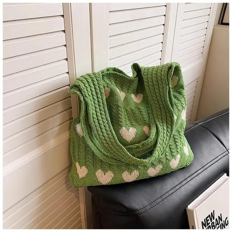 Kawn® Premium Knitted Heart Pattern Tote Bag Large Stylish and Durable Trendy bag for Everyday Use Beach Shopping Travel Work – Comfortable and Trendy Design (Green)