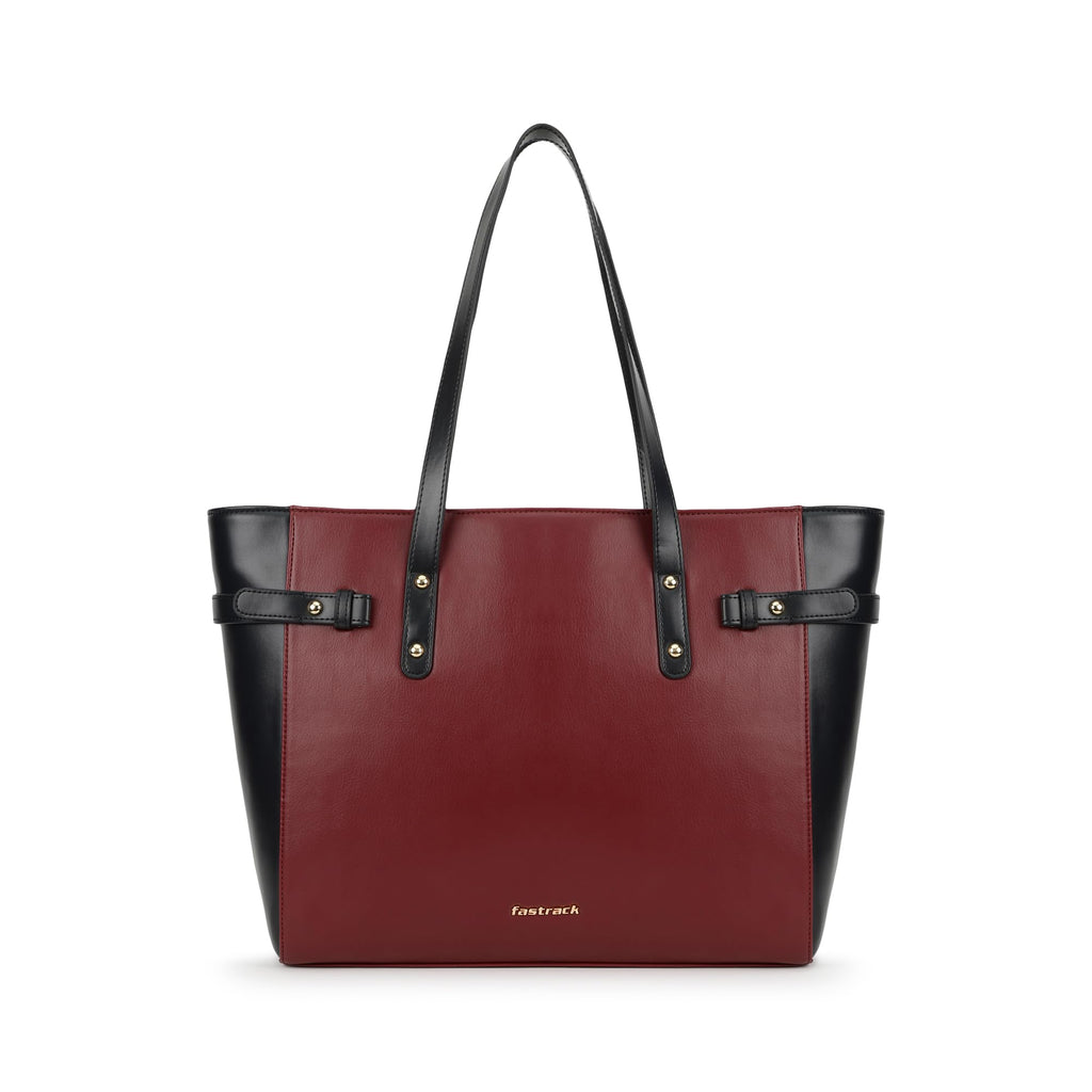 Fastrack Cherry Powermode Laptop Tote For Women | Cherry & Black Faux Leather Bag | Fits Upto 15 Laptop | Ladies Tote Bag with Zipper Closure & Utility Pockets