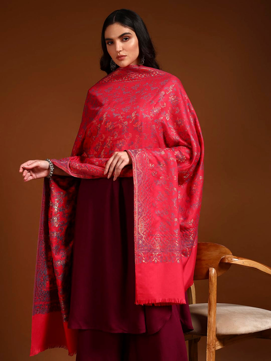 Pashmoda Women Aabroo Kashmiri Jamawar Woven Shawl, Kaani Jacquard Shawls, Stoles, Wraps, Luxury Pashmina Evening Wrap (Size: 40X80 Inches, Pink Color) SECS58